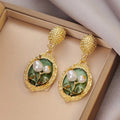 French Retro Green Oil Painting Antique Flower Earrings